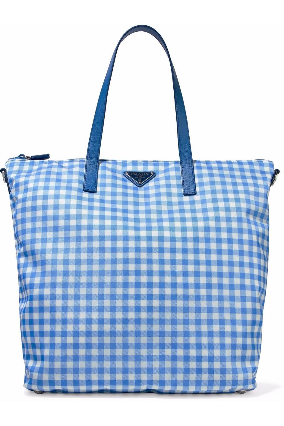 8) Leather-trimmed gingham nylon tote