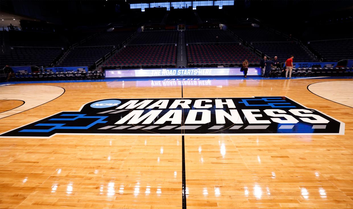 General view of the March Madness logo before at UD Arena in Dayton, Ohio.