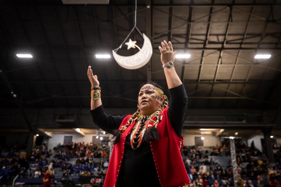 Dancers from the Squamish Nation are pictured during the first day of Hoobiyee hosted by the Nisga'a Tsamiks in Vancouver, British Columbia on Friday March 3, 2023.