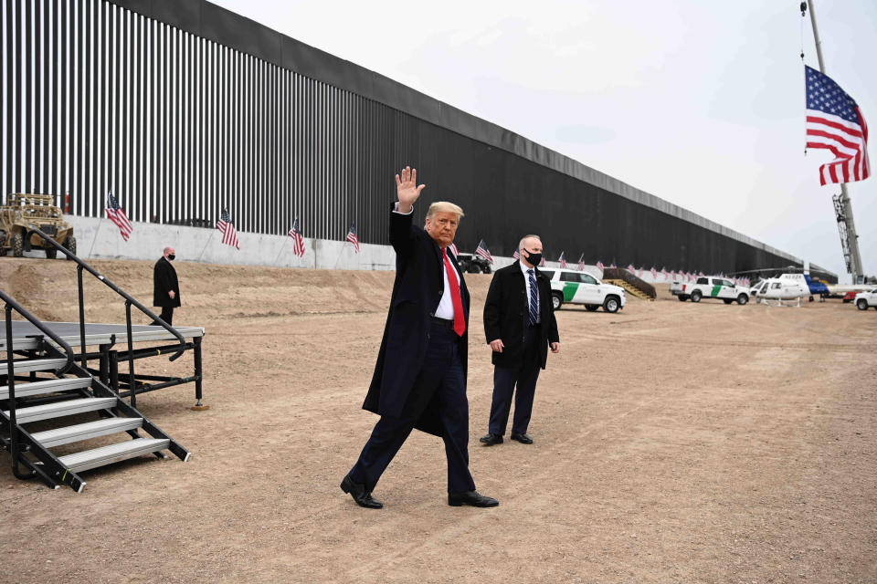 President Donald Trump tours a section of the border wall in Alamo, Texas, in January 2021.