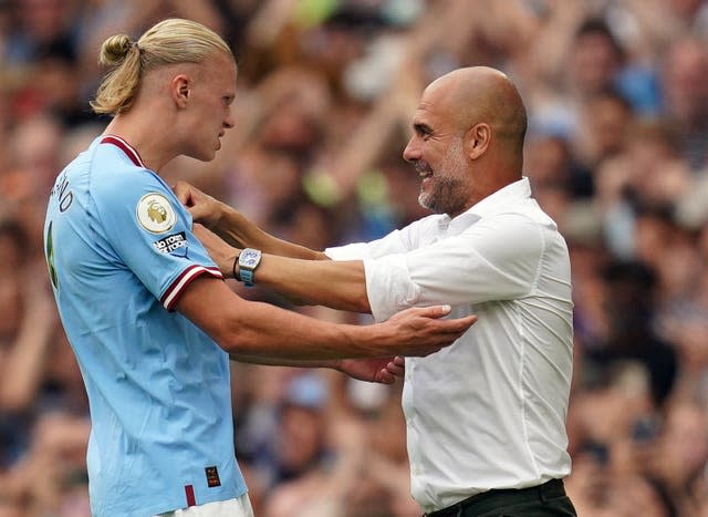 Pep Guardiola, right, seems to want his marquee signing as high up the pitch as possible (Nick Potts/PA)