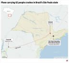 Locator map showing the departure, destination and crash sites of a Brazilian commercial airplane that crashed on Friday Aug. 9, 2024. (AP Digital Embed)