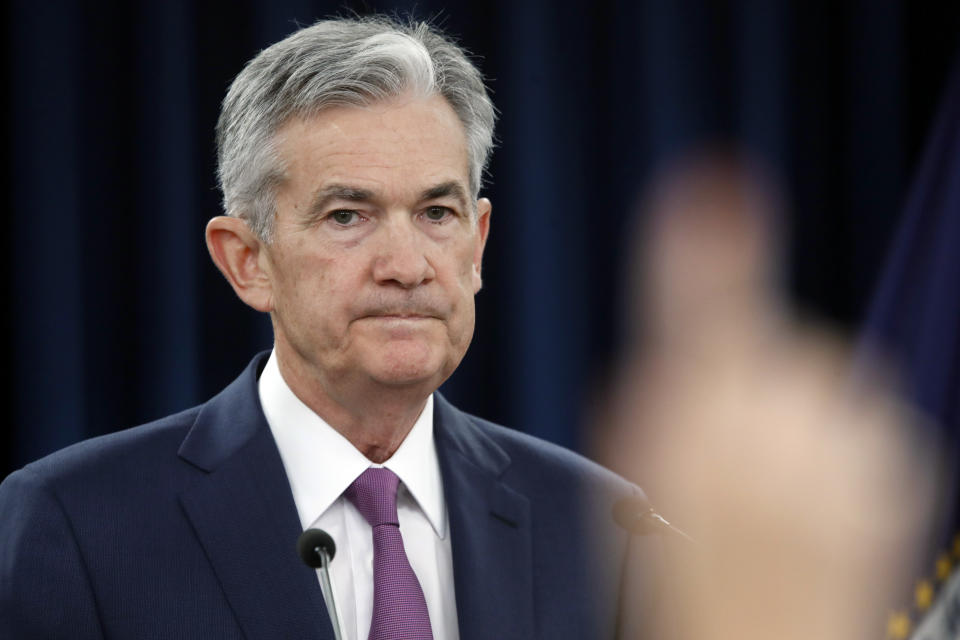 FILE- In this June 13, 2018, file photo Federal Reserve Chair Jerome Powell speaks during a news conference after the Federal Open Market Committee meeting in Washington. On Tuesday, July 17, Powell is scheduled to testify to the Senate Banking Committee on his semiannual monetary policy report to Congress. (AP Photo/Jacquelyn Martin, File)