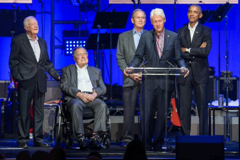 Former US Presidents, Jimmy Carter, George H. W. Bush, George W. Bush, Bill Clinton, and Barack Obama attend the Hurricane Relief concert in College Station, Texas, on October 21, 2017