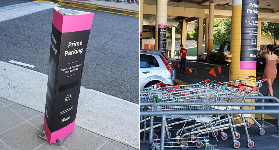 Signs advertising 'Prime Parking' spaces at Westfield Innaloo in Perth.