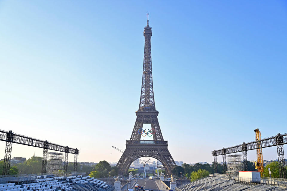 PARIS, FRANCE - JUNE 07: A view of the Eiffel Tower as The Olympic Rings are displayed 50 days before the opening of the Olympic Games at Place Du Trocadero on June 07, 2024 in Paris, France. (Photo by Aurelien Meunier/Getty Images)