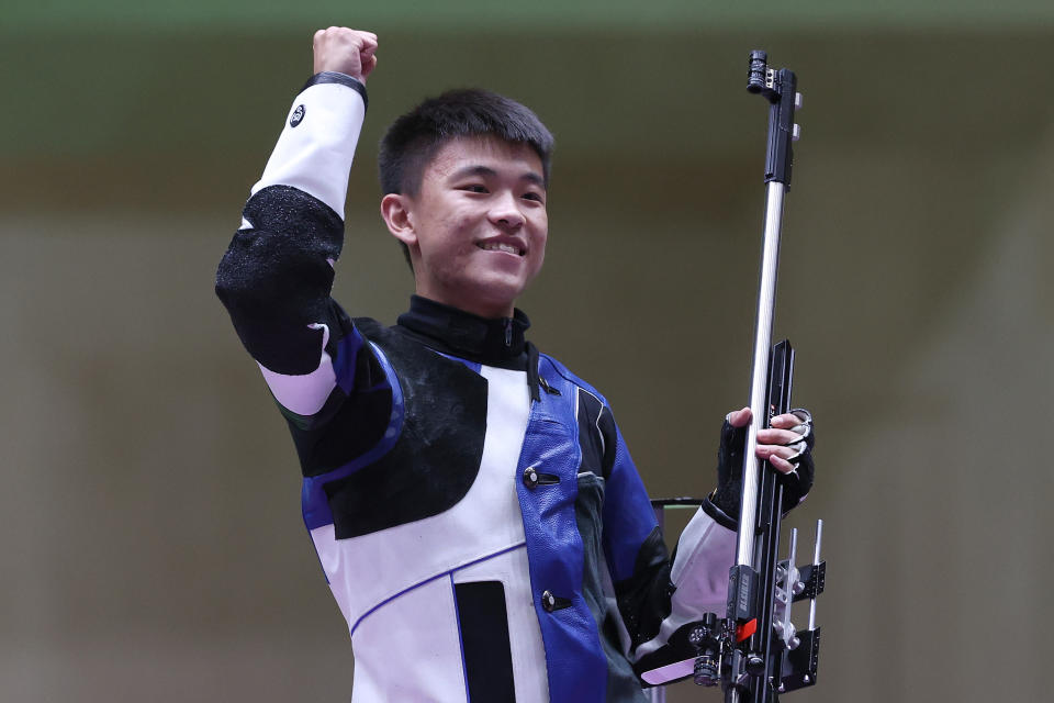 <p>ASAKA, JAPAN - AUGUST 02: Gold Medalist Changhong Zhang of Team China celebrates following 50m Rifle 3-Position Men's Finals on day ten of the Tokyo 2020 Olympic Games at Asaka Shooting Range on August 02, 2021 in Asaka, Saitama, Japan. (Photo by Kevin C. Cox/Getty Images)</p> 