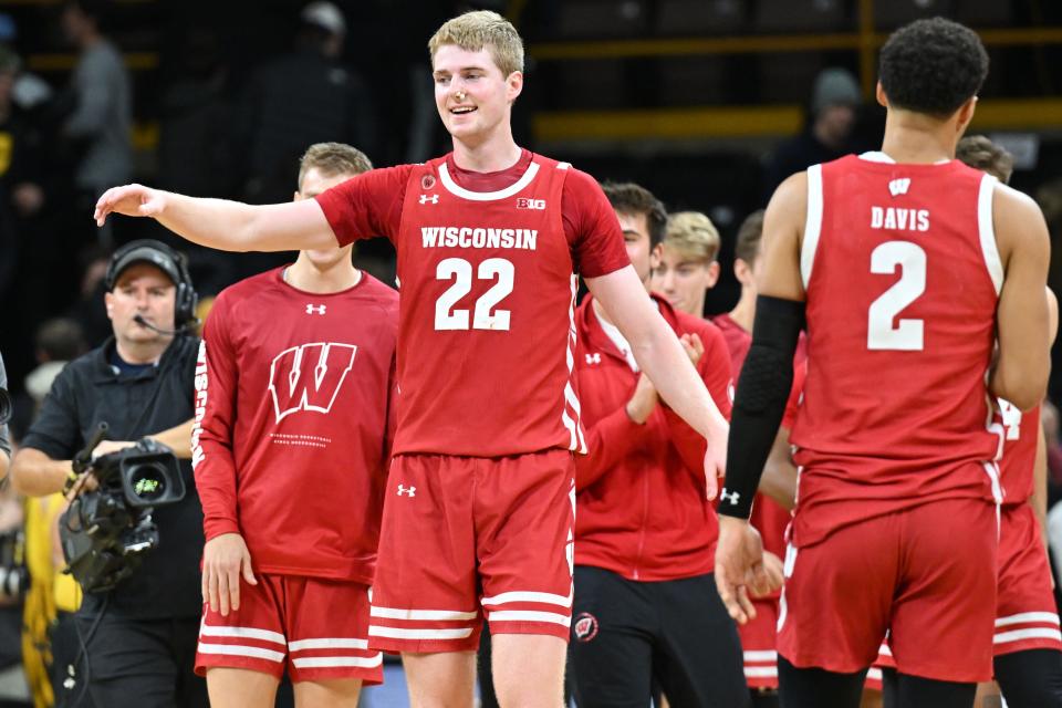 Badgers forward Steven Crowl reacts after a victory over the Iowa Hawkeyes Dec. 11 at Carver-Hawkeye Arena in Iowa City, Iowa.