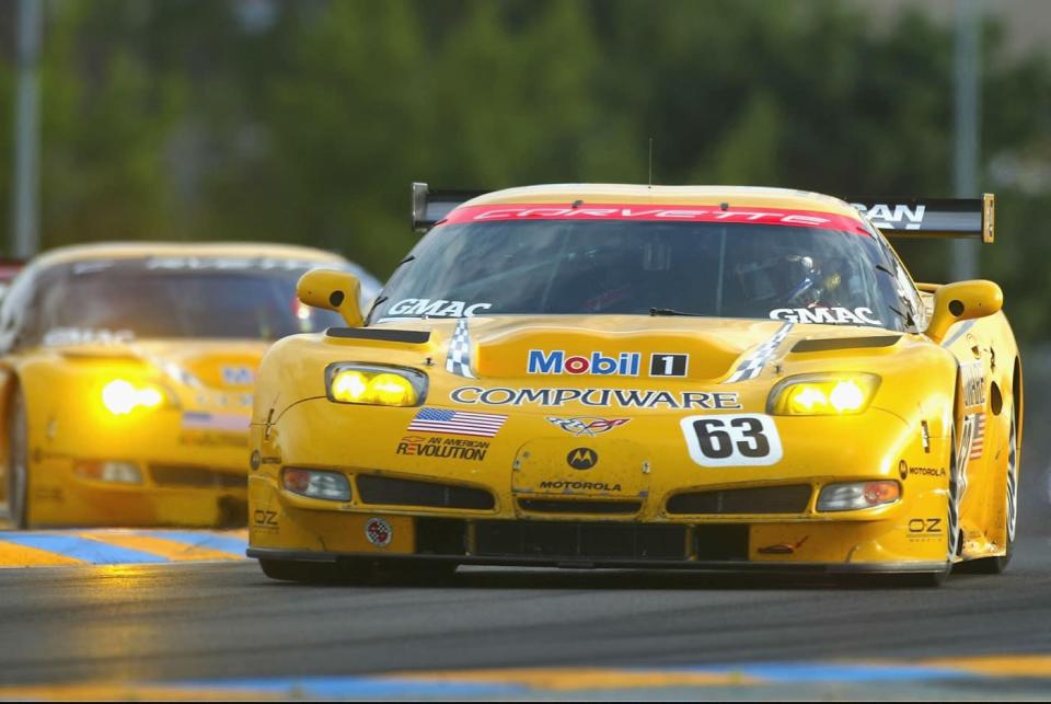 The Corvette C5-R of Fellows, OConnell and Papis leads the Corvette of Gavin, Berette and Magnussen during final qualifying for the Le Mans 24 Hour race at the Circuit des 24 Hours du Mans on June 10, 2004 in Le Mans, France. The Corvettes would sweep their class that year. Photo: