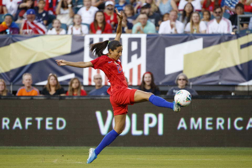 United States' Christen Press lunges for the ball during the first half of the team's international friendly soccer match against Portugal, Thursday, Aug. 29, 2019, in Philadelphia. (AP Photo/Matt Slocum)