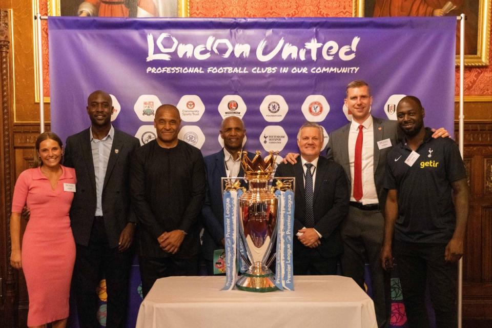 Carlton Cole (second left) and Per Mertesacker (second right) among ex-footballers at London United’s anniversary event on Tuesday (David Fletcher at West Ham United Foundation)