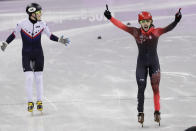 <p>Samuel Girard of Canada celebrates as he crosses the finish line ahead of John-Henry Krueger of the United States in the men’s 1000 meters short track speedskating final in the Gangneung Ice Arena at the 2018 Winter Olympics in Gangneung, South Korea, Saturday, Feb. 17, 2018. (AP Photo/David J. Phillip) </p>