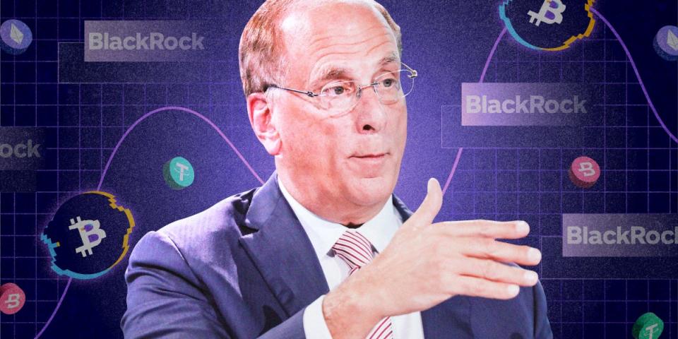 Larry Fink, CEO of BlackRock surrounded by Bitcoin, Crypto, and digital assets