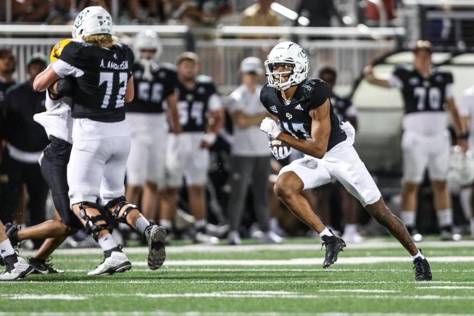 Cal Poly Mustangs wide receiver Bryson Allen (17) runs after a catch in the Mustangs’ 42-14 loss to Idaho at Alex G. Spanos Stadium on Oct. 7, 2023.