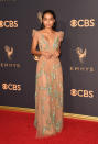 <p>The 17-year-old actress attended the show with her <em>Black-ish</em> co-stars while filming her own spin-off, <em>Grown-ish</em>. The title of the upcoming sitcom is certainly fitting, with Shahidi looking gorgeous grown up in a nude-pink chiffon gown. (Photo: Getty Images) </p>