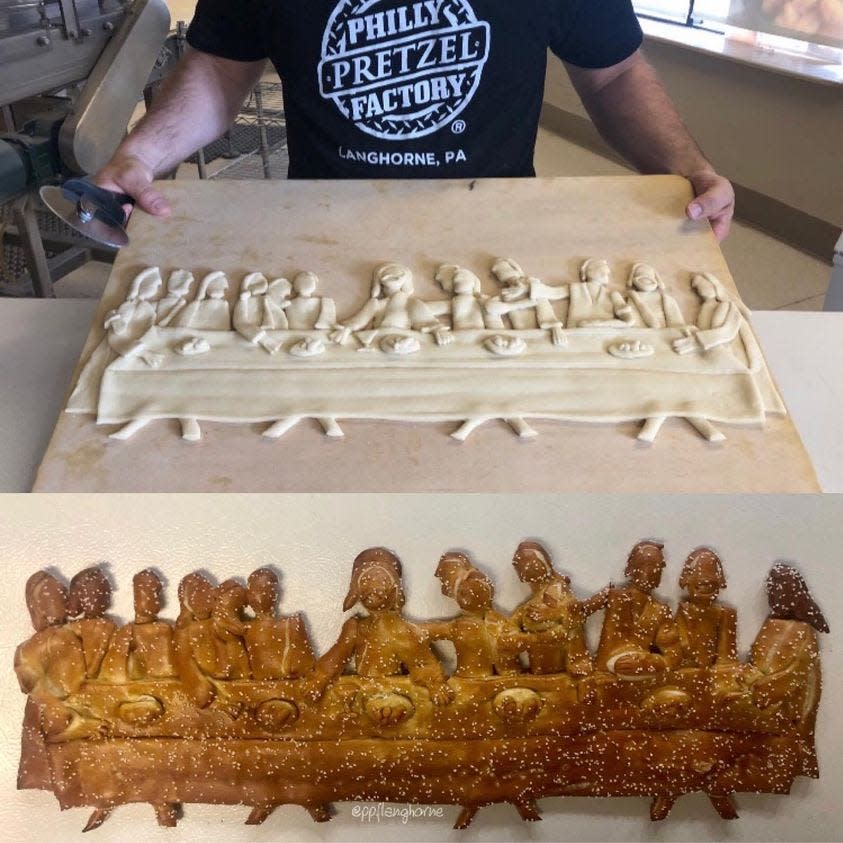 Brian Kean shows before and after of Leonardo DaVinci's  "The Last Supper" in pretzels. "We like to say it's 'Leonar-dough' or by 'Dough-Vinci,'" he said.