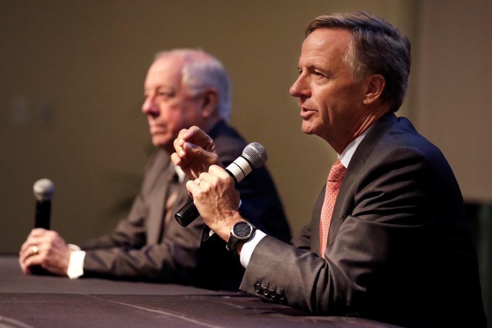 A 2019 picture of former Gov. Bill Haslam, right, who came under fire in 2012 when his econmic development commissioner hired a Muslim, Samar Ali, to be the head of international development for Tennessee