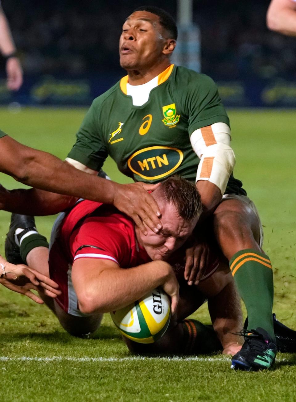 Dewi Lake scores Wales’ third try against South Africa in Pretoria. (Themba Hadebe/AP) (AP)