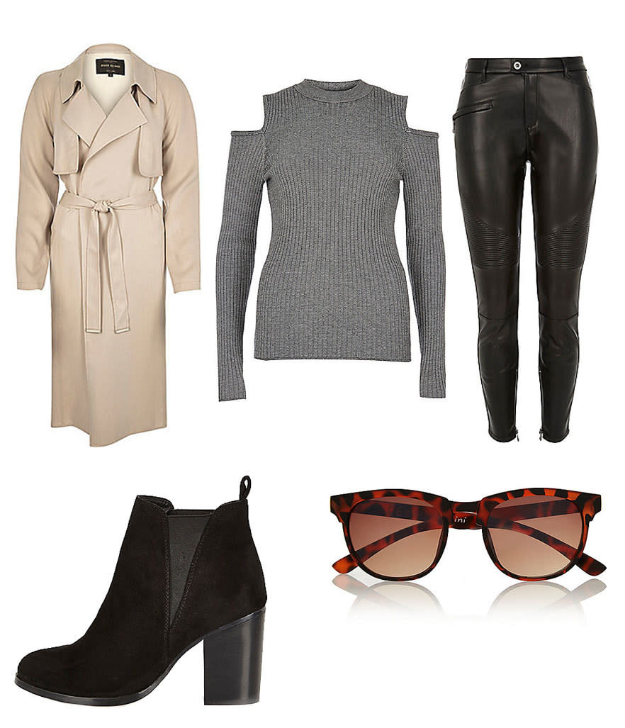 Re-create Elizabeth’s effortless look with a beige trench coat and elevated Chelsea boots. A pair of tortoise shell sunglasses adds retro flair.