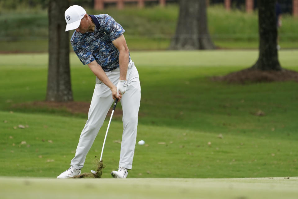Jordan Spieth hits from the ninth fairway during the third round of the St. Jude Championship golf tournament Saturday, Aug. 12, 2023, in Memphis, Tenn. (AP Photo/George Walker IV)