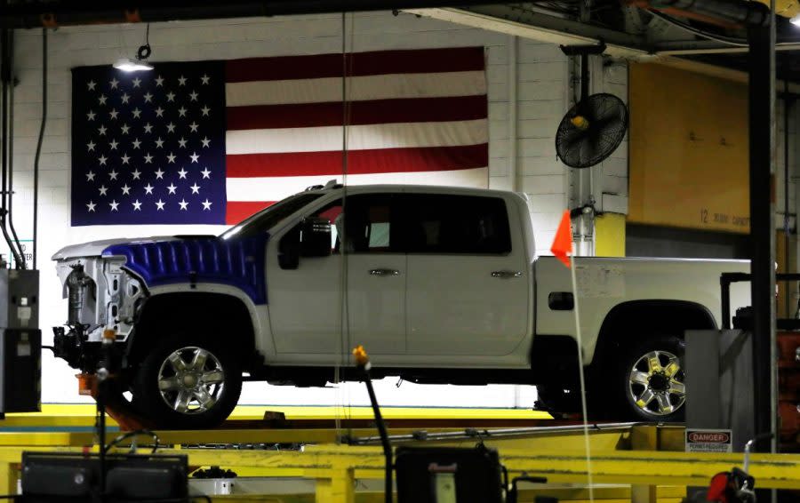 A General Motors Co. pickup trucks on the line in their Flint Assembly plant on June 12, 2019 in Flint, Michigan. - GM announced the second major expansion of its full-size pickup production capacity this year: with a $150 million investment at Flint Assembly to increase production of the all-new Chevrolet Silverado and GMC Sierra heavy-duty pickups. (Photo by JEFF KOWALSKY / AFP) (Photo credit should read JEFF KOWALSKY/AFP via Getty Images)