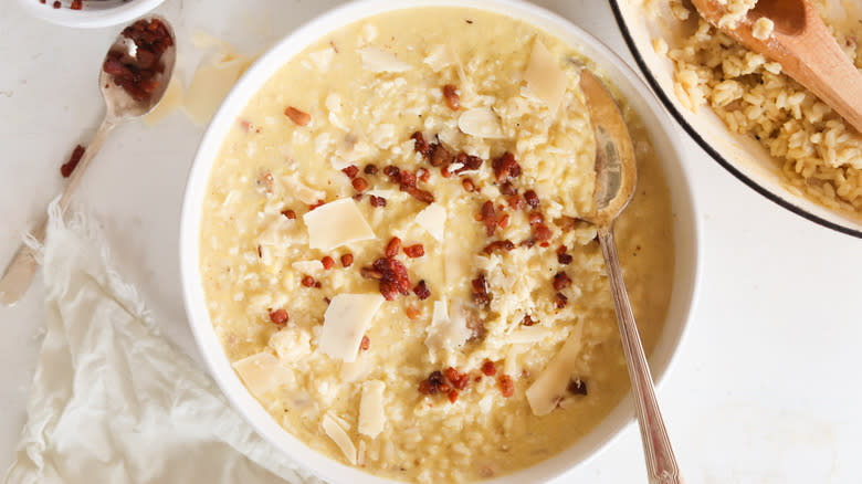 risotto carbonara with pancetta in bowl