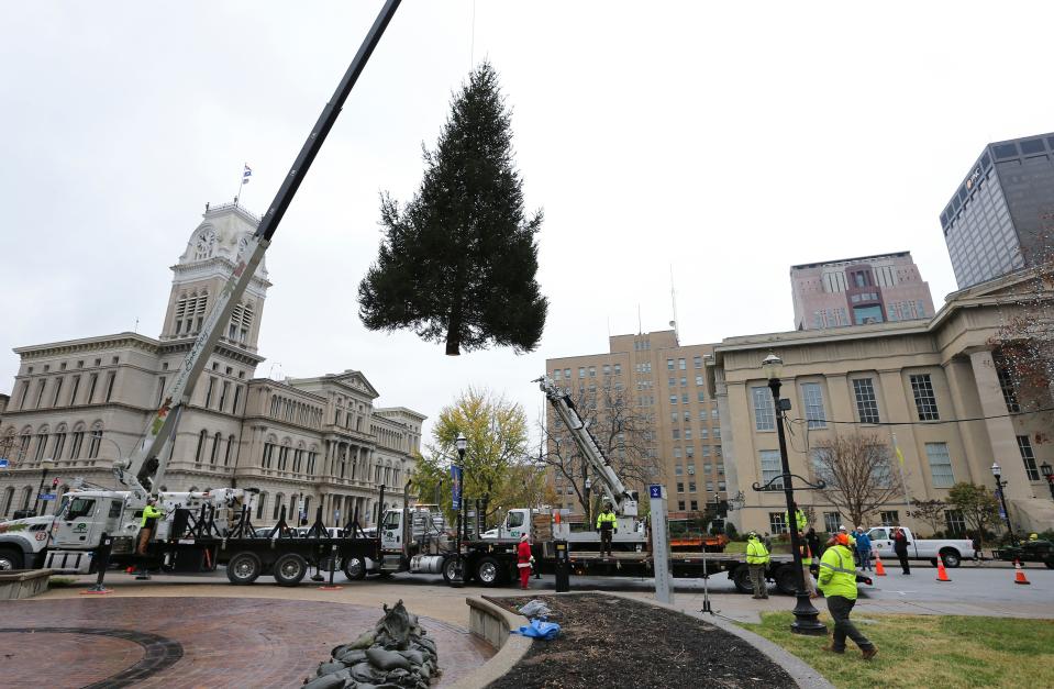 A crane is used to maneuver a Christmas tree into place at Jefferson Square Park ahead of the holiday in downtown Louisville, Ky. on Nov. 16, 2022.