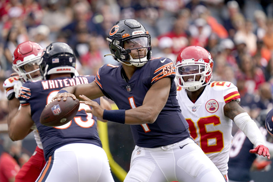 Chicago Bears quarterback Justin Fields drops back to pass during the first half of an NFL preseason football game against the Kansas City Chiefs Saturday, Aug. 13, 2022, in Chicago. (AP Photo/Nam Y. Huh)