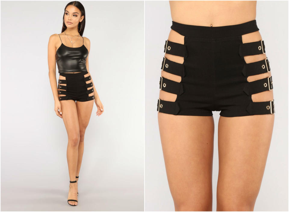 <p><a rel="nofollow noopener" href="https://www.fashionnova.com/collections/shorts/products/doesnt-play-nice-shorts-black" target="_blank" data-ylk="slk:Estos shorts con huecos en los laterales;elm:context_link;itc:0;sec:content-canvas" class="link ">Estos <em>shorts</em> con huecos en los laterales</a> es otra de las propuestas de la marca para esta primavera-verano. (Foto: Fashion Nova). </p>