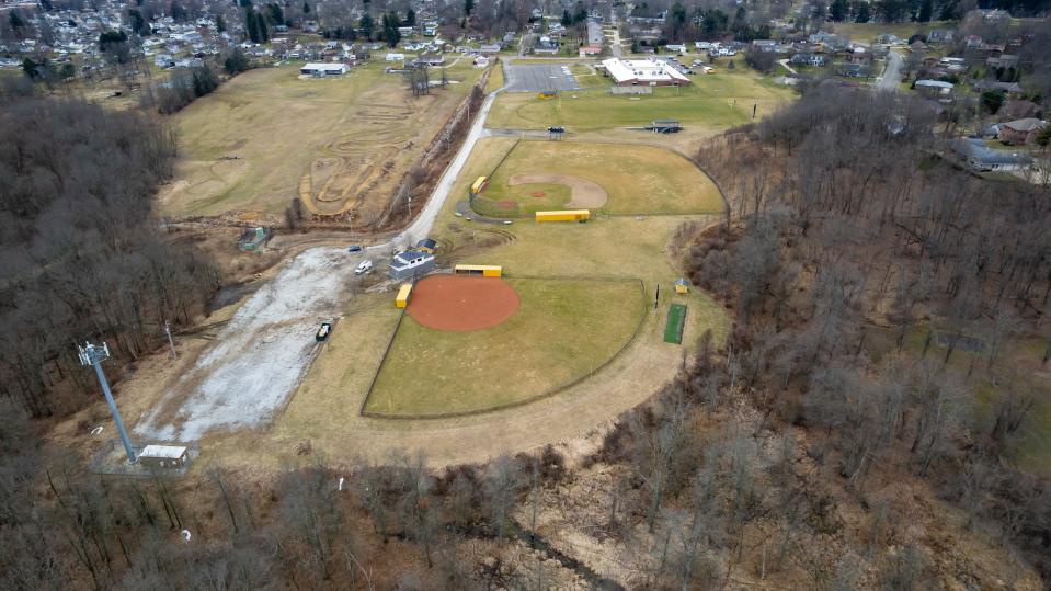 A new locker room building with a restroom is under construction at the Tuscarawas Central Catholic High School softball field.