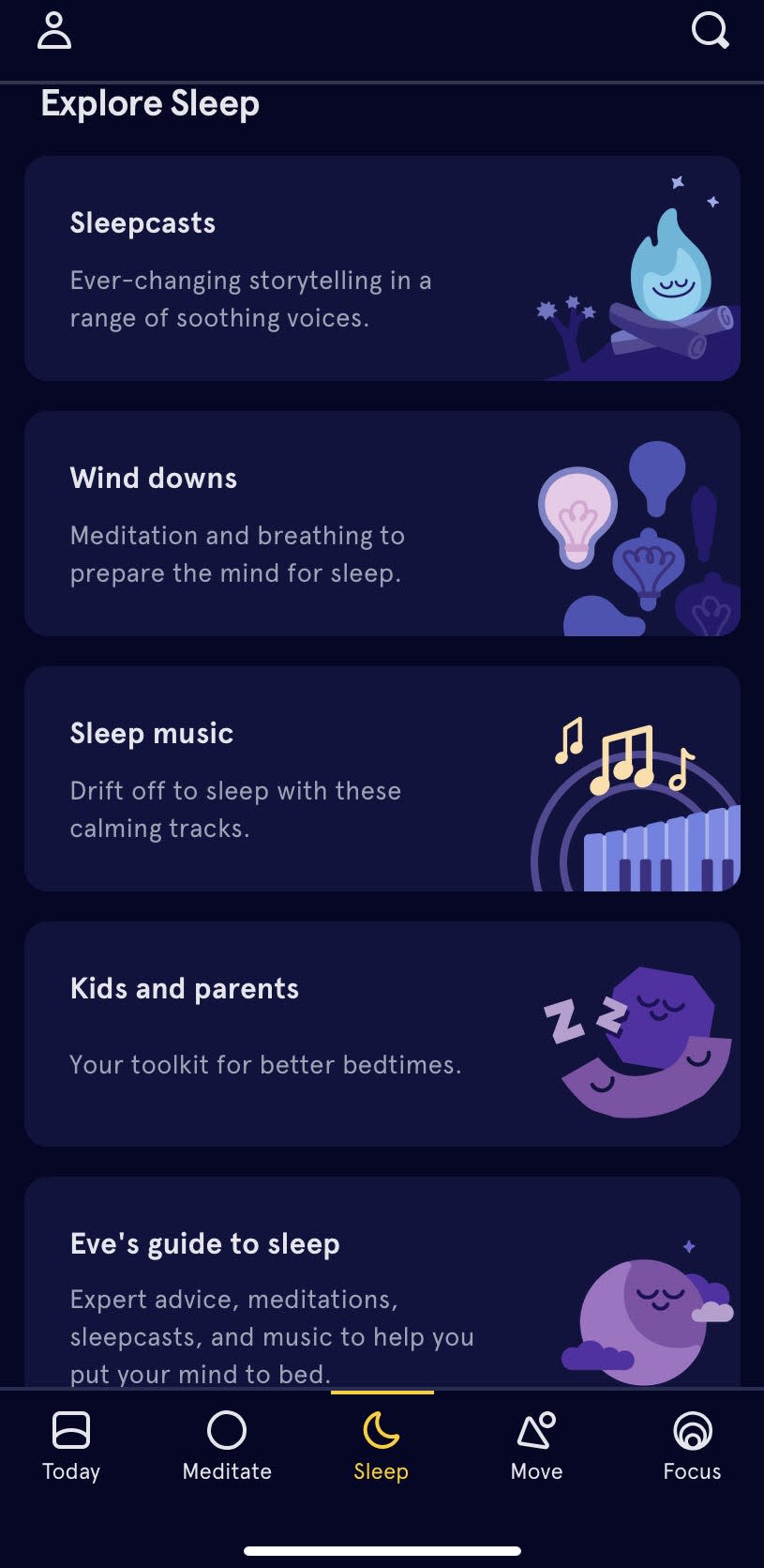 five panels for various sleep-promoting activities in dark mode in a screenshot of the meditation app Headspace