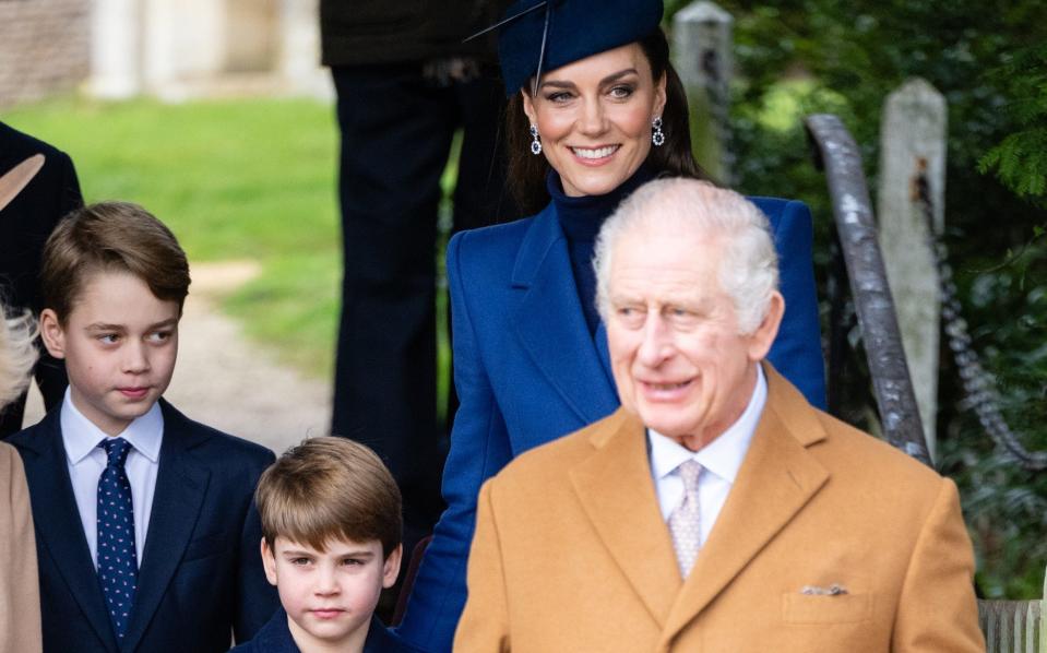 The King and the Princess of Wales were both admitted to hospital this week. Above, with Prince George and Prince Louis at Sandringham Church on Christmas Day last year