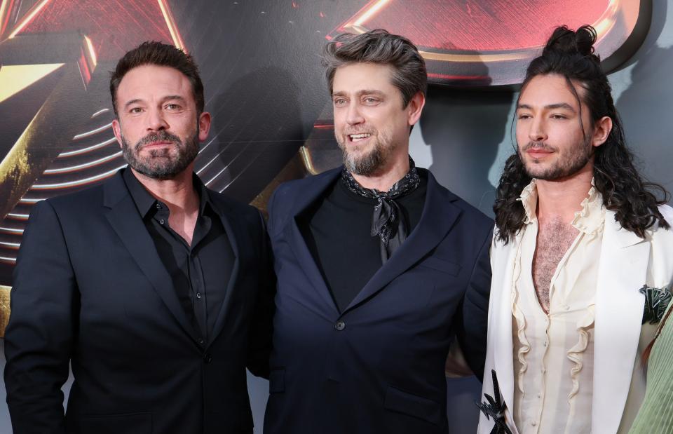 Ben Affleck, Andy Muschietti, and Ezra Miller attend the premiere of Warner Bros. "The Flash" at Ovation Hollywood on June 12, 2023