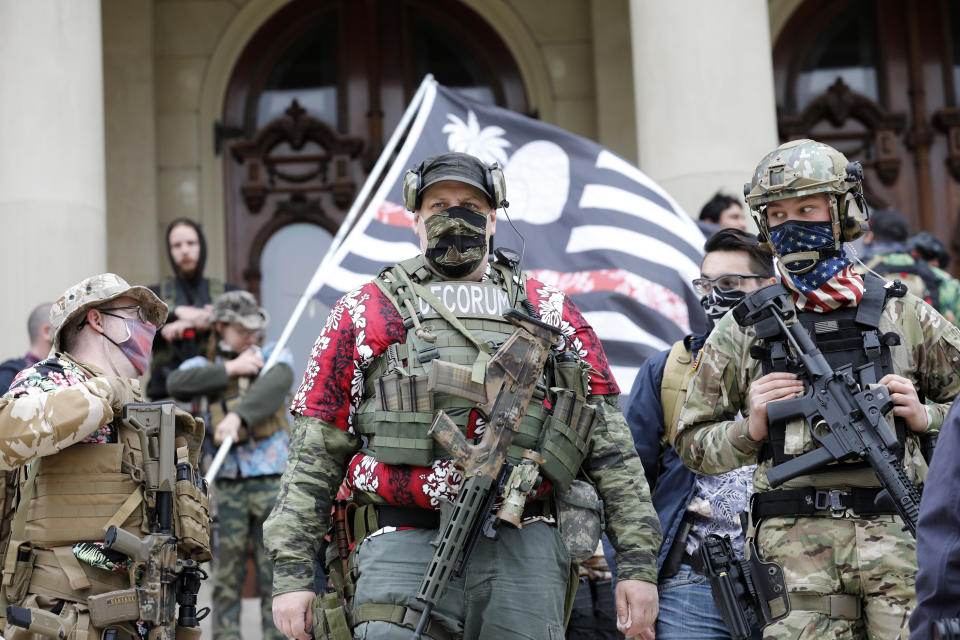 A group tied to the Boogaloo Bois holds a rally at the Michigan State Capitol in Lansing, Michigan on October 17, 2020. (Jeff Kowalsky/AFP via Getty Images)