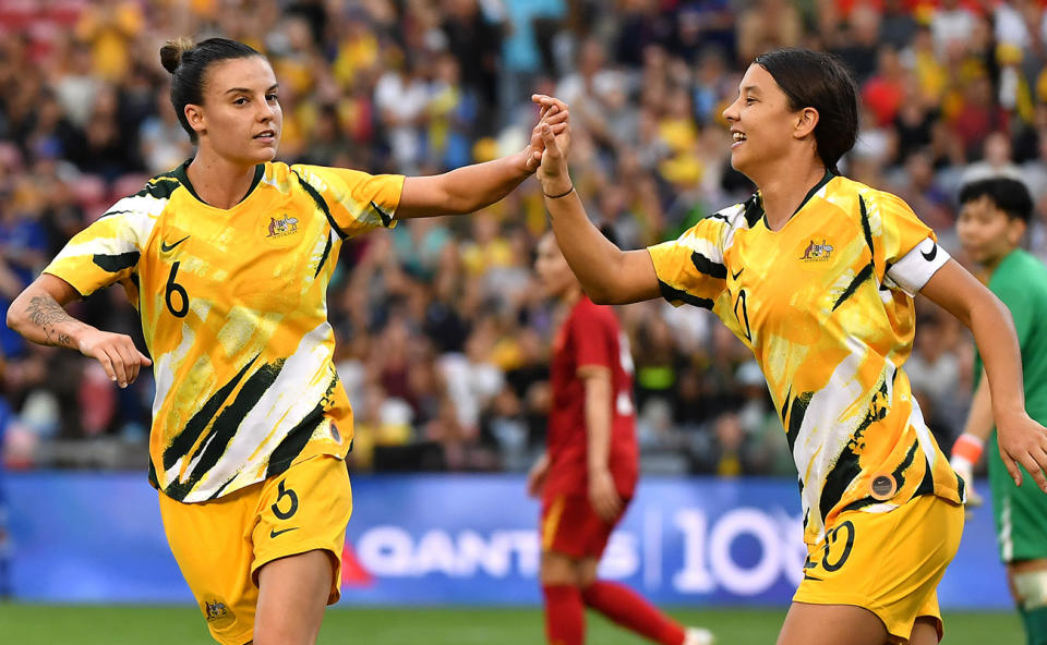 Chloe Logarzo and Sam Kerr during a game for the Matildas in 2020.