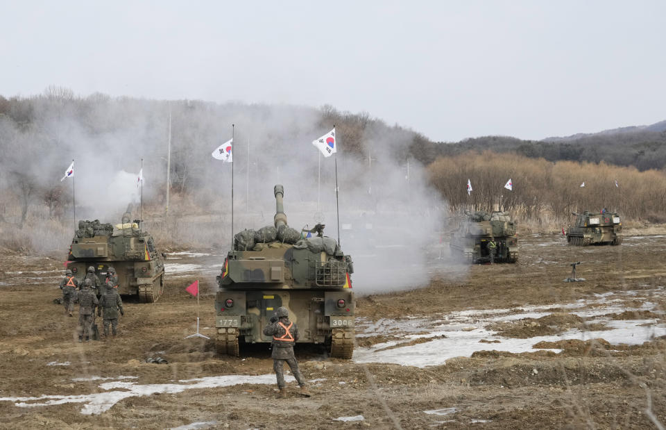 A South Korean army's K-9 self-propelled howitzer fires during a military exercise in Paju, South Korea, near the border with North Korea, Friday, Feb. 2, 2024. South Korea's military said it detected North Korea firing multiple cruise missiles into waters off its western coast Friday, adding to a provocative run of weapons testing in the face of deepening tensions with the United States, South Korea and Japan. (AP Photo/Ahn Young-joon)