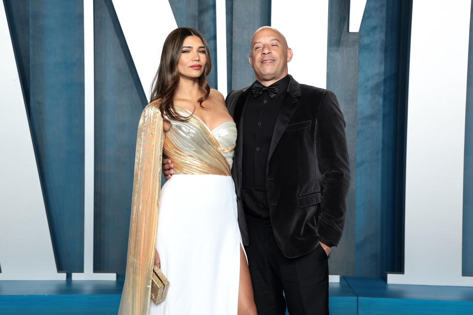 Paloma Jiménez and Vin Diesel attend the 2022 Vanity Fair Oscar Party