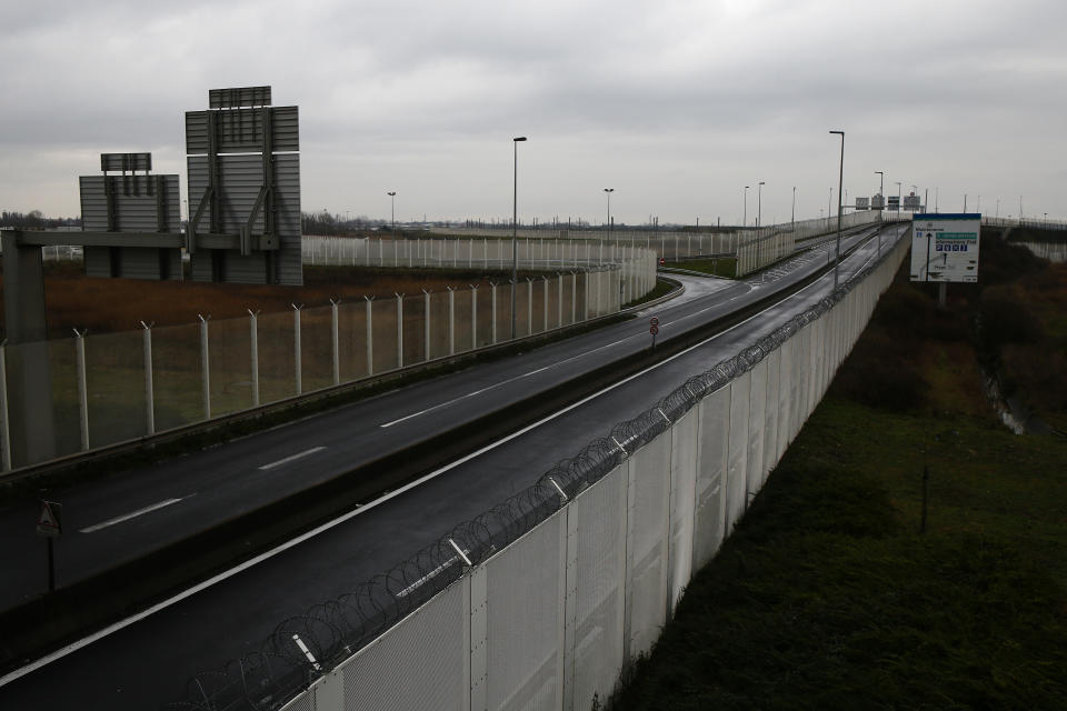 The road heading the check point on the Eurotunnel site is pictured in Coquelles, Monday Jan.4, 2021. Britain left the European bloc's vast single market for people, goods and services, completing the biggest single economic change the country has experienced since World War II. (AP Photo/Michel Spingler)