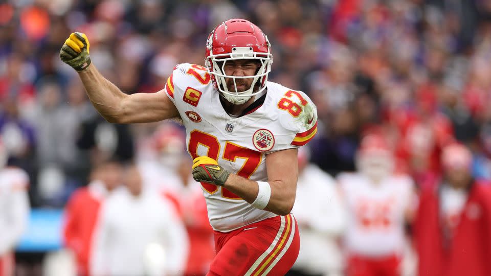 Chiefs tight end Travis Kelce is pumped after another big catch against the Baltimore Ravens during the second quarter in the AFC Championship Game on Sunday. - Patrick Smith/Getty Images