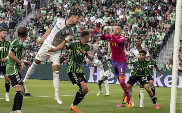 Austin FC goalkeeper Brad Stuver (1) makes a save during the first half of an MLS soccer game against Toronto FC, Saturday, May 20, 2023, in Austin, Texas. (AP Photo/Michael Thomas)