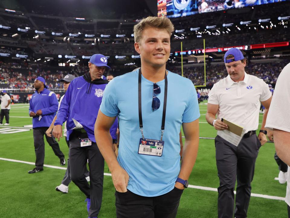 Former BYU quarterback Zach Wilson attends the Vegas Kickoff Classic between BYU and <a class="link " href="https://sports.yahoo.com/nfl/teams/arizona/" data-i13n="sec:content-canvas;subsec:anchor_text;elm:context_link" data-ylk="slk:Arizona;sec:content-canvas;subsec:anchor_text;elm:context_link;itc:0">Arizona</a> in <a class="link " href="https://sports.yahoo.com/nfl/teams/las-vegas/" data-i13n="sec:content-canvas;subsec:anchor_text;elm:context_link" data-ylk="slk:Las Vegas;sec:content-canvas;subsec:anchor_text;elm:context_link;itc:0">Las Vegas</a> on Saturday, Sept. 4, 2021. | Jeffrey D. Allred, Deseret News