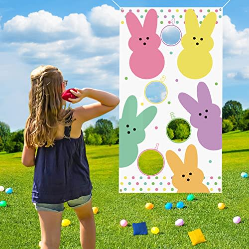 WATINC Easter Bunny Peeps Party Toss Game with 4 Bean Bags, Spring Rabbit Tossing Games Favor Supplies for Kids Adults, Happy Easter Indoor Outdoor Holiday Home Family School Activity Decorations