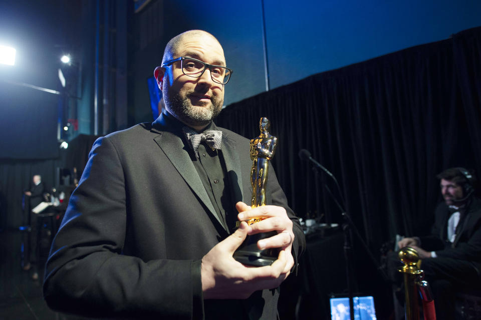 HOLLYWOOD, CALIFORNIA - FEBRUARY 09: In this handout photo provided by A.M.P.A.S. Josh Cooley poses with the award for Best Animated Feature Film backstage during the 92nd Annual Academy Awards at the Dolby Theatre on February 09, 2020 in Hollywood, California. (Photo by Matt Petit - Handout/A.M.P.A.S. via Getty Images)