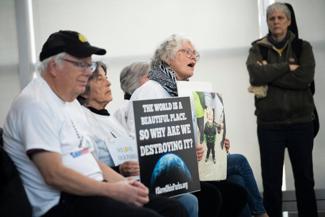 Feb 26, 2024; Columbus, Ohio, USA; Loraine McCosker, a co-founder and member of Save Ohio Parks, speaks out during a meeting of the The Ohio Oil and Gas Land Management Commission at the Charles D. Shipley Building Atrium.