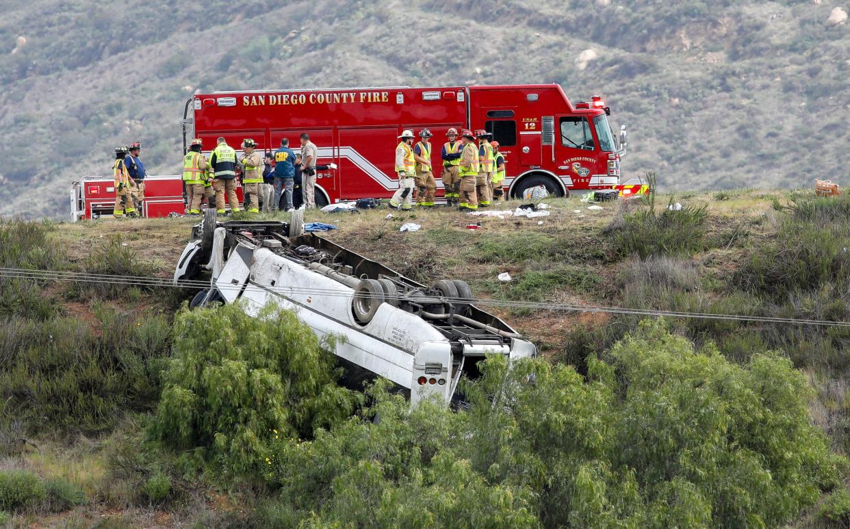 A bus rolled down an embankment off Interstate 15 in North San Diego County Saturday, Feb. 22, 2020.