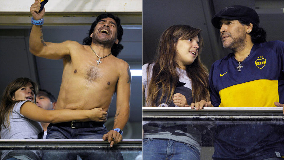 Seen here, Diego Maradona's daughter holds him back during a Boca Juniors game.