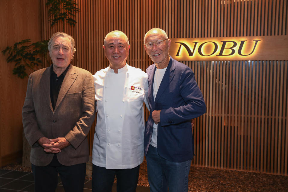 HOUSTON, TX - OCTOBER 18:  Nobu Founders Robert De Niro, Chef Nobu Matsuhisa, and Meir Teper at the Nobu Houston Sake Ceremony on October 18, 2018 in Houston, Texas.  (Photo by Rick Kern/Getty Images for Nobu)