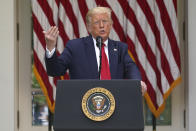 President Donald Trump answers questions from reporters during an event on protecting seniors with diabetes in the Rose Garden White House, Tuesday, May 26, 2020, in Washington. (AP Photo/Evan Vucci)