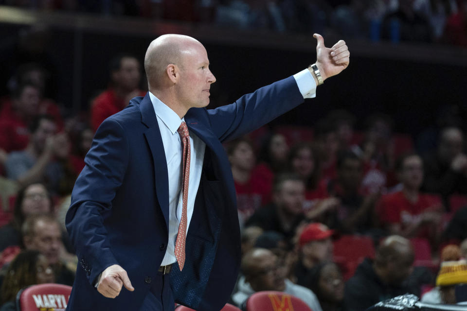 Maryland head coach Kevin Willard gives a thumbs-up to his players during the second half of an NCAA college basketball game against Ohio State, Sunday, Jan. 8, 2023, in College Park, Md. (AP Photo/Jose Luis Magana)