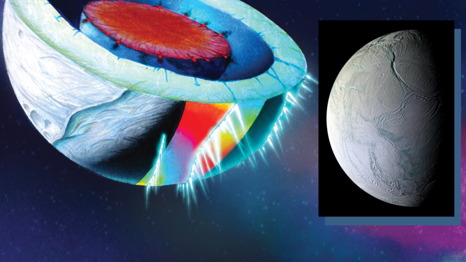 an illustration showing the inside of an icy moon, consisting of a solid core surrounded by a subterranean ocean